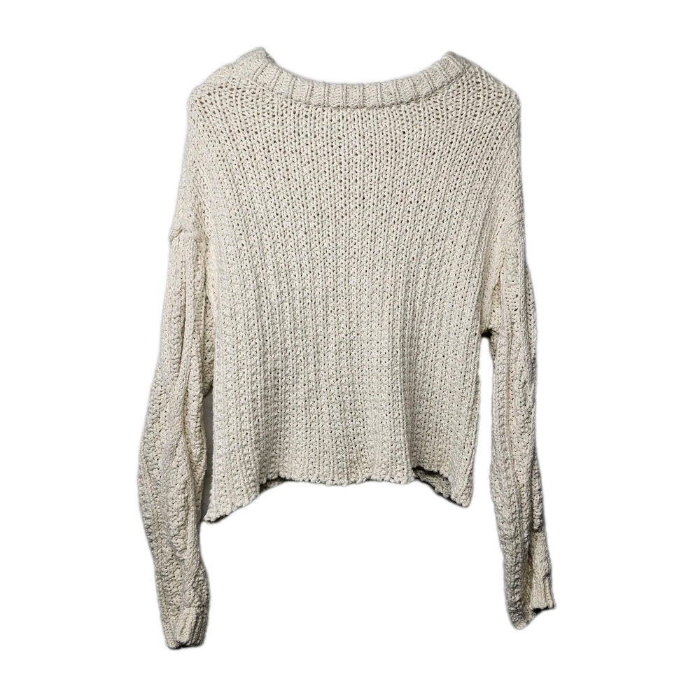 Free People Womens Large Ivory Crop Chunky Open Cable Knit Sweater Top 100% Cott - Picture 4 of 10